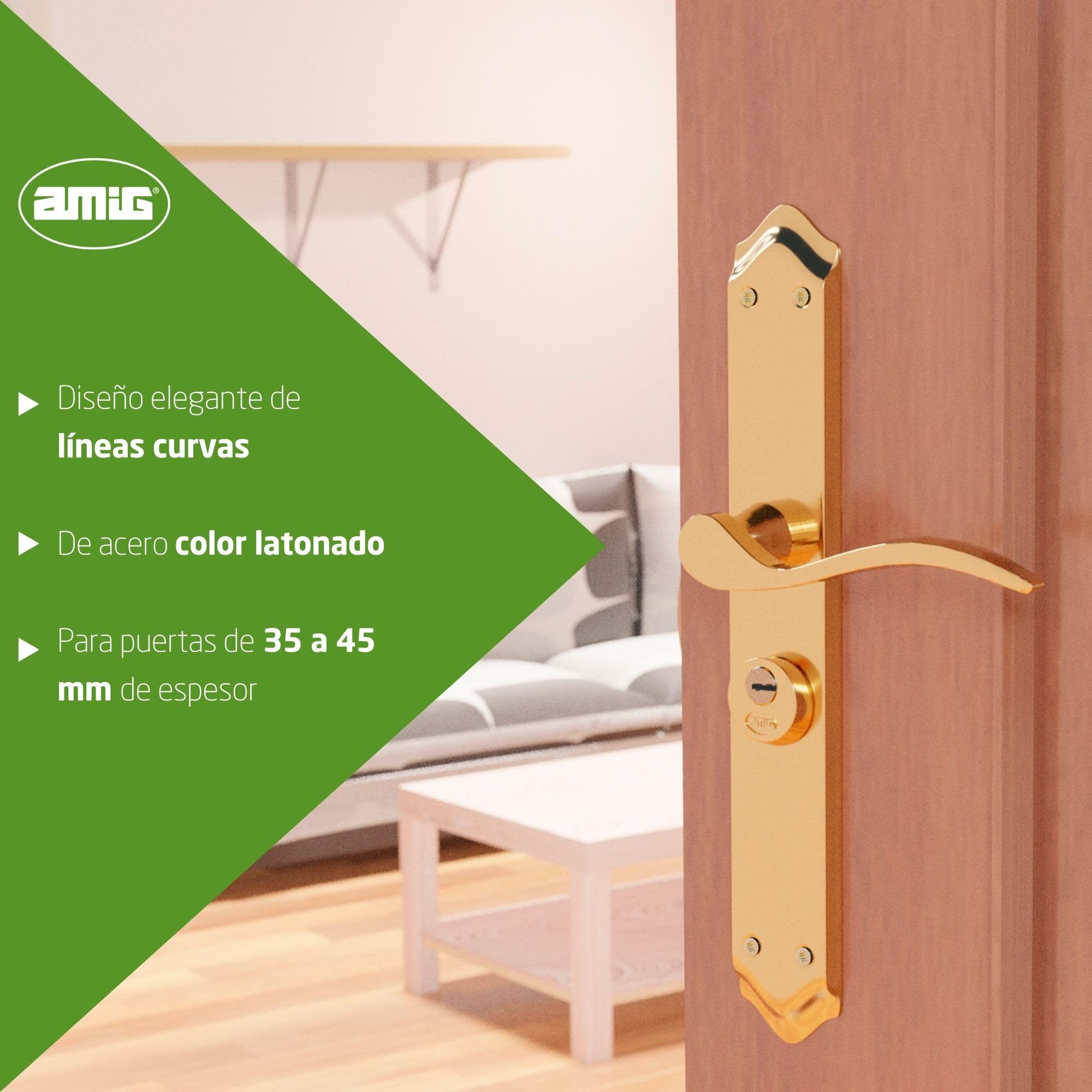 Amig - Manilla para puertas Derecha Mod. ALFA con Muletilla Mod. 46 - Acero Latonado - 255 x 48 mm - Cuadradillo de 8mm - Incl. 2 llaves - Para puertas de 35 a 45 mm - Dorado