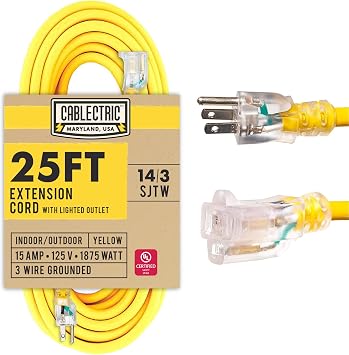 14 Gauge Extension Cord 25 Ft Outdoor - 14/3 Heavy Duty, SJTW