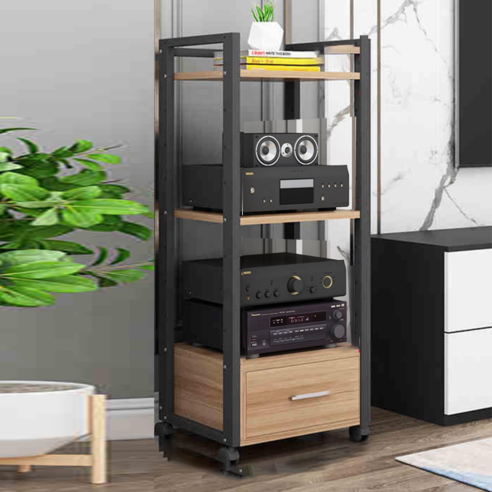 Mueble de madera para equipo de audio con ruedas y gestión de cables para salón