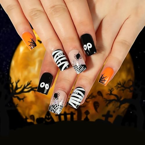 Uñas postizas cuadradas medianas, uñas postizas brillantes de Halloween, uñas postizas naranjas con patrón de telaraña negra y blanca, uñas