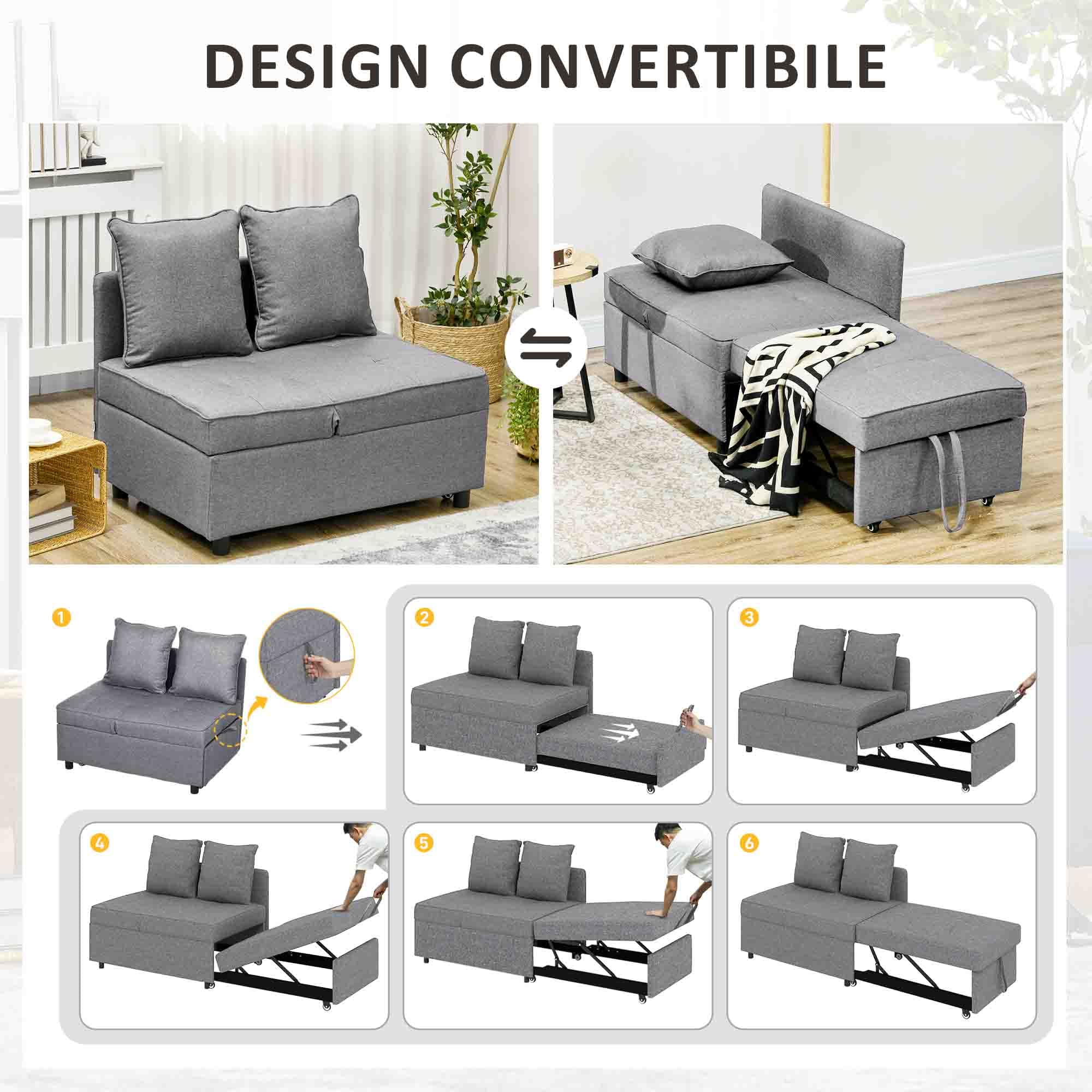 HOMCOM Poltrona Letto 3 in 1 Imbottita con Schienale Regolabile in 5 Posizioni e Cuscini, Divano Letto Una Piazza e Mezza in Tessuto Effetto Lino e Legno per Soggiorno, 98x71x67 cm, Grigio Scuro