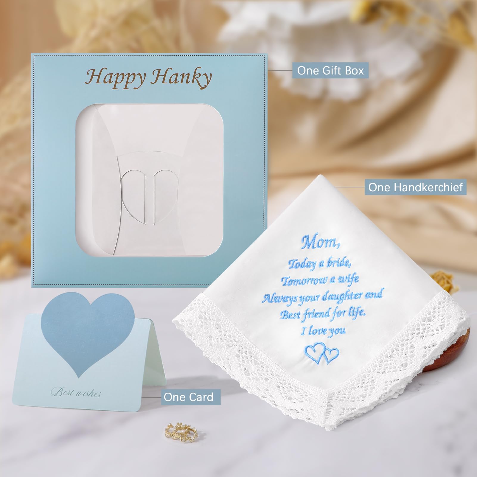 HOULIFE Wedding Handkerchiefs for Bride, Something Blue Wedding Brides Gift Embroidered Handkerchief with Lace Edges (For Mom-1 PCS)