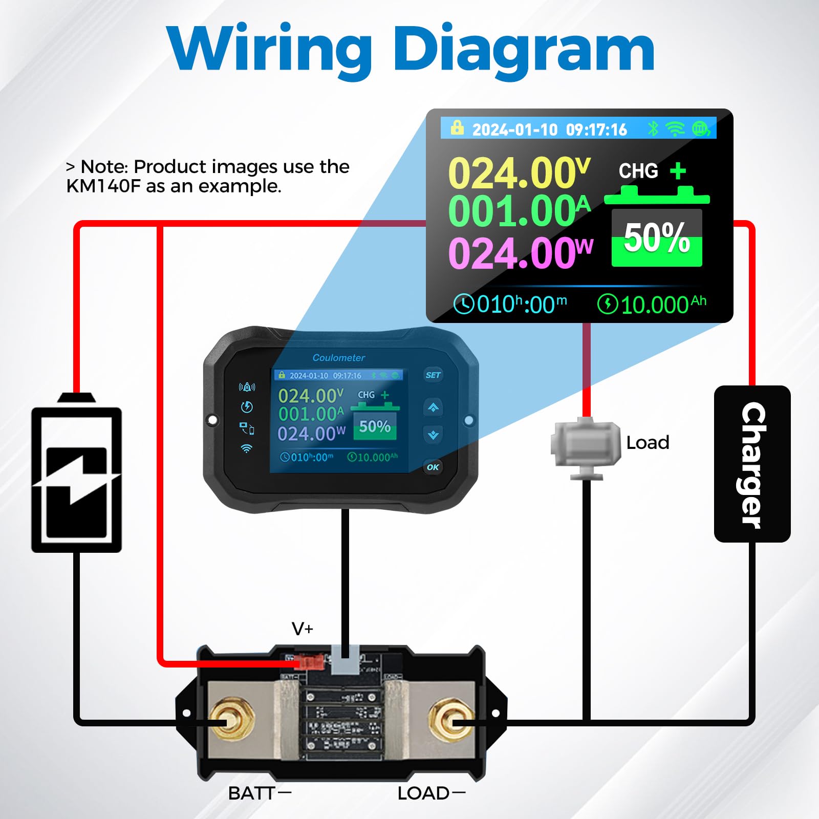 Batteria Capacità Monitor 100A 12V 24V 36V 48V 60V 72V Battery Meter Multifunzione monitor per batterie Display LCD WIFI da 10–100V con Allarme del sensore di temperatura.