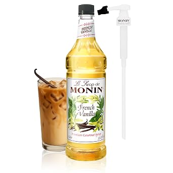 Monin - French Vanilla Syrup with Monin BPA Free Pump, Boxed, Versatile Flavor, Natural Flavors, Great for Coffees, Cocktails, Shakes, and Kids Drinks, Non-GMO, Gluten-Free 1 Liter