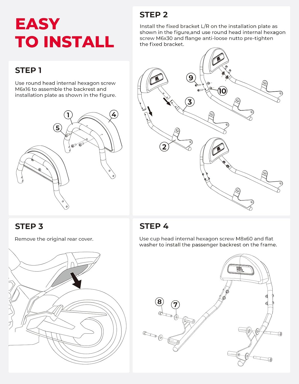 KEMIMOTO Motorcycle Sissy Bar Backrest Rear Compatible with CLX700 Rear Passenger Seat Replacement CLX-700 Accessories,Black