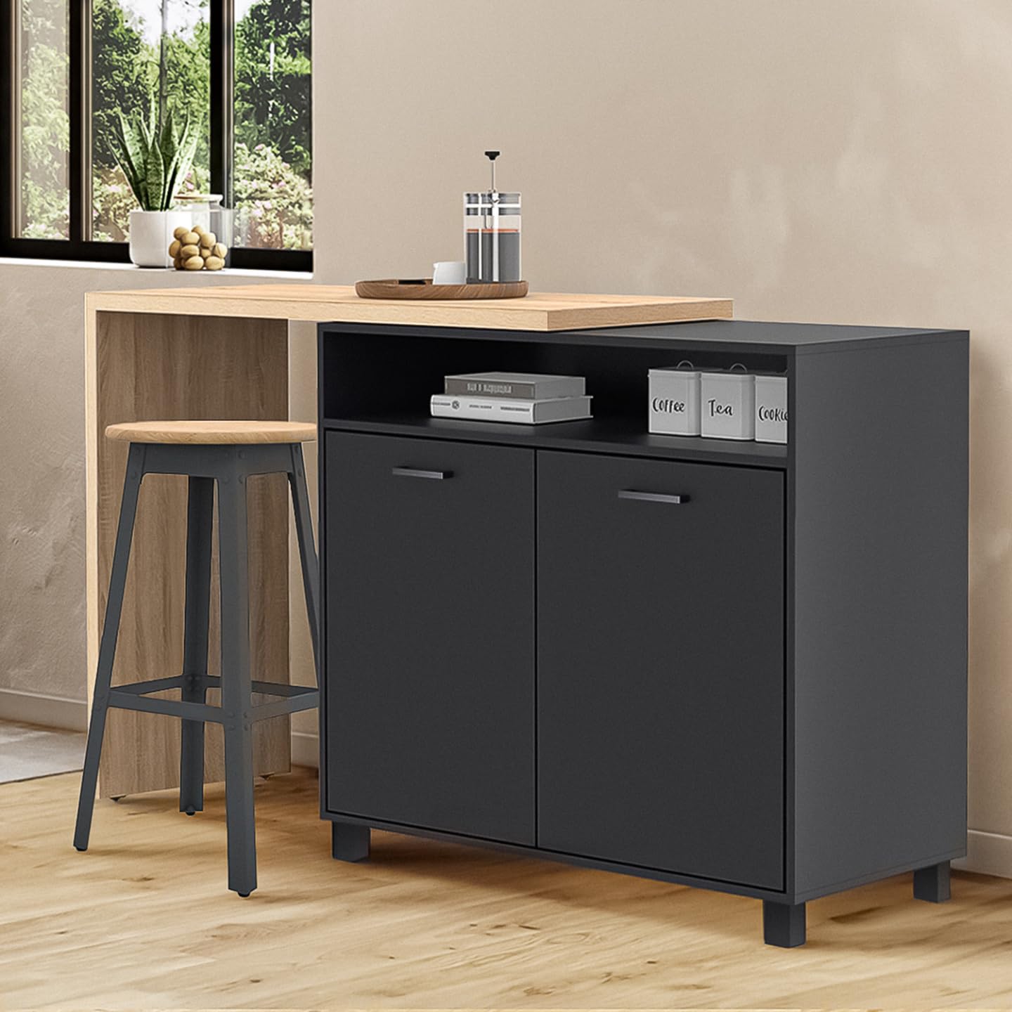 IDMarket - Ilot Rotatif CINA Meuble de Bar pivotant 2 en 1 Imitation hêtre et Noir