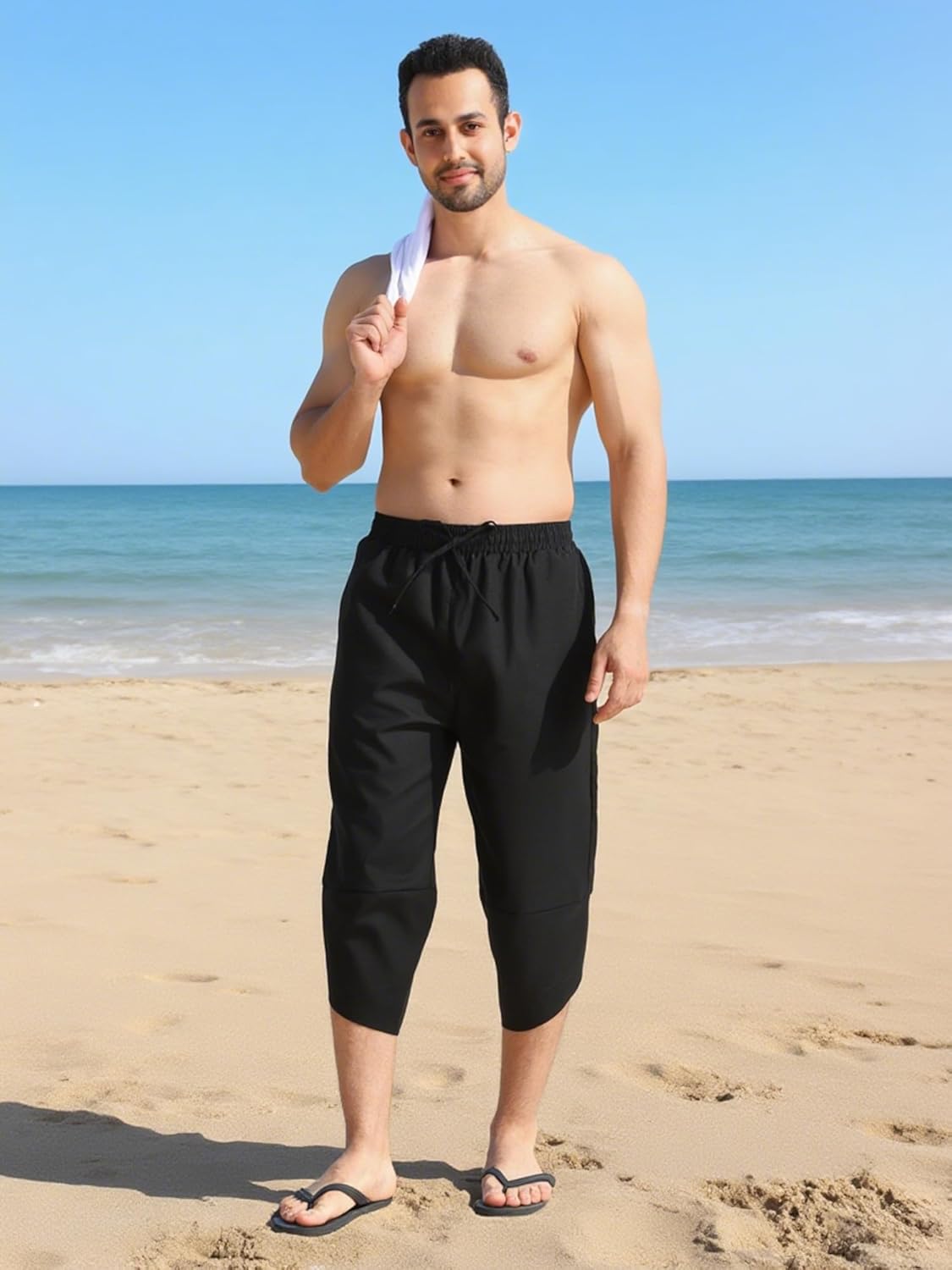 Men's Linen Yoga Pants Casual Beach Loose 3/4 Harem Trousers Summer Elastic Drawstring Capri Pants - Image 2