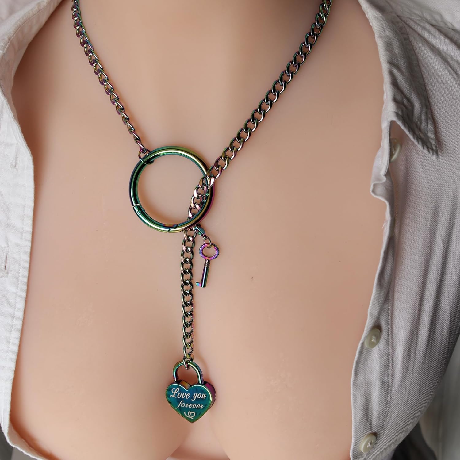 Heart Slip Chain Necklace -Pad lock with key Lariat jewelry for women,Love You Forever Engraved on Locket,Cuban Link Pendant Mother's Day Gift (rainbow pad lock with key necklace) - Image 2