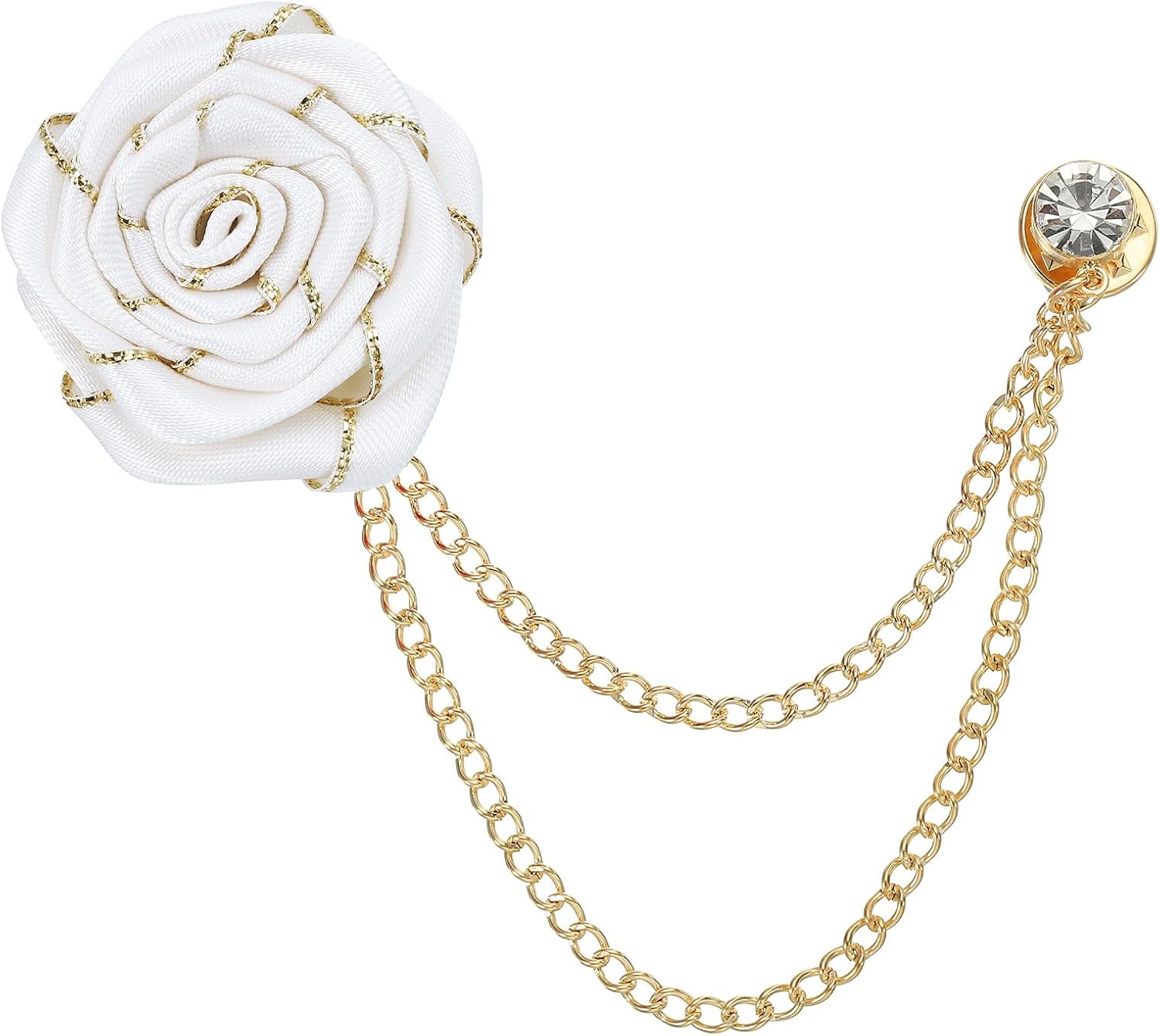 MECCANIXITY Bridegroom Brooches Rose Flower Size Cloth Alloy Lapel Pin with Tassel Chain/Suit Stud/Gold Trim for Wedding Men' Suit Accessories