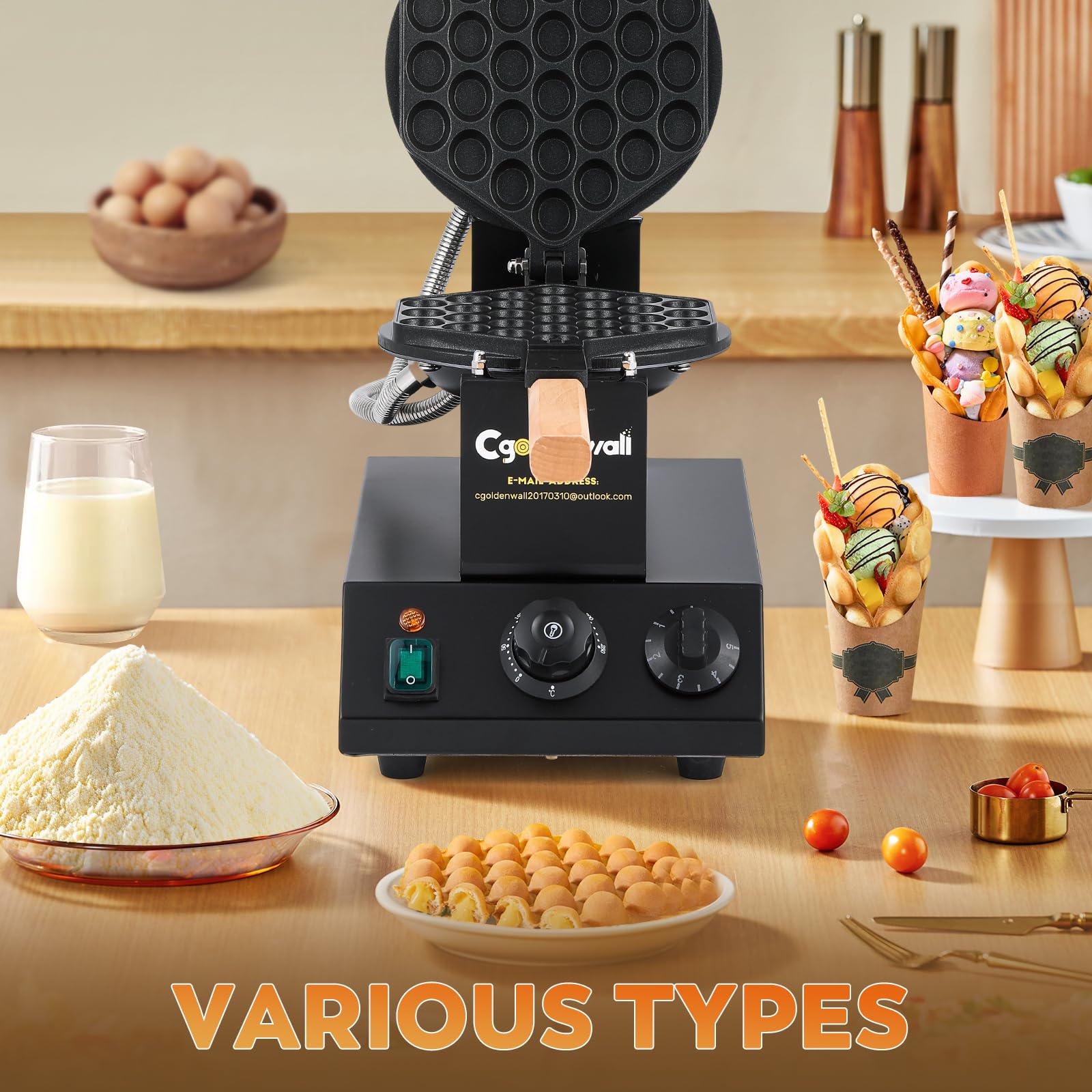 CGOLDENWALL Bubble Waffle Maker de Estilo de Hong Kong 1400W, Placa de Horneado Intercambiable y Antiadherente, Ajuste de Temperatura 0-250℃, para Cafetería/Postres/Restaurante - Incluye Recetas