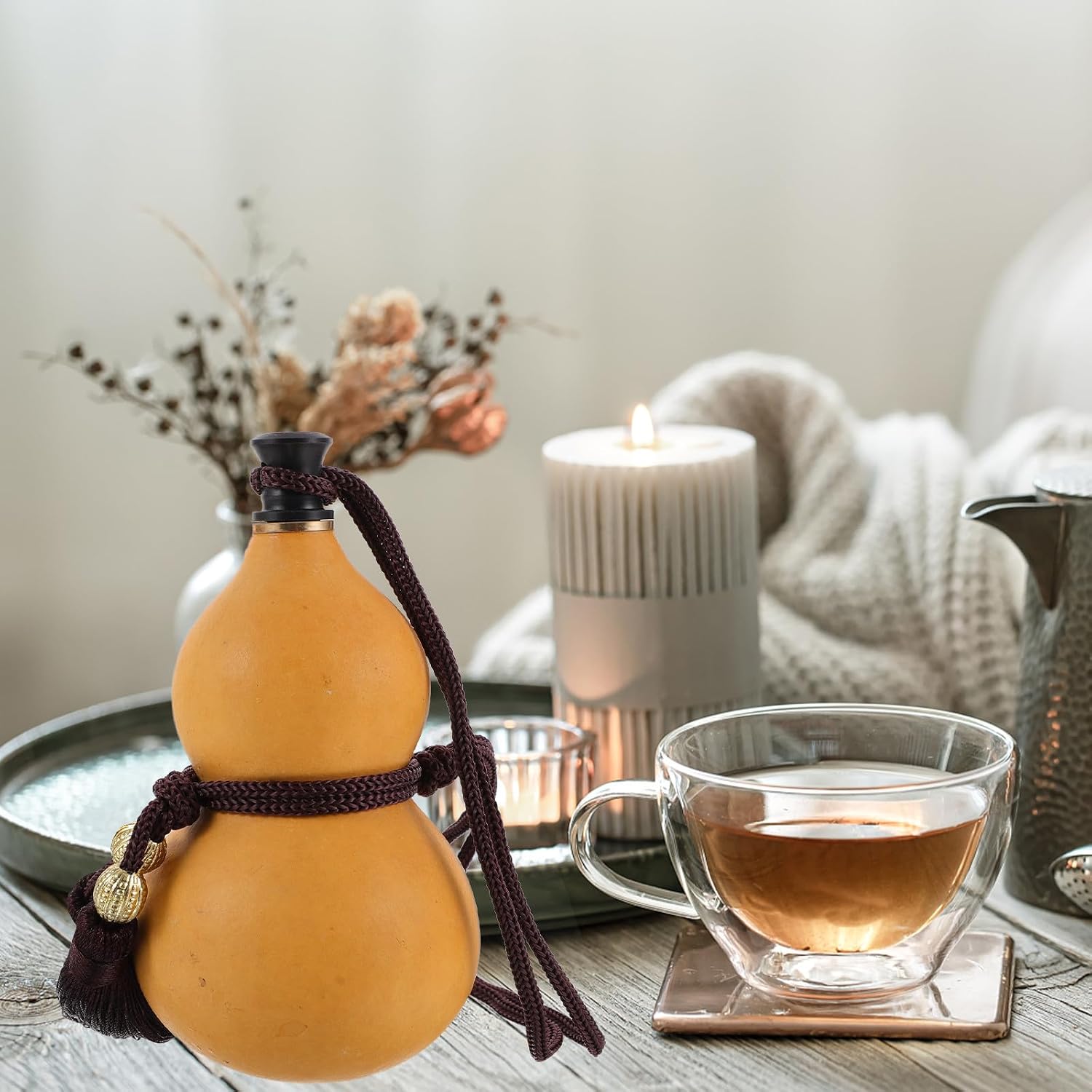 Amosfun Natural Gourd Wine Bottle Portable Gourd Water Bottle with Stopper - Home Feng Shui Hanging Decoration 4.92 X 2.75 Inch