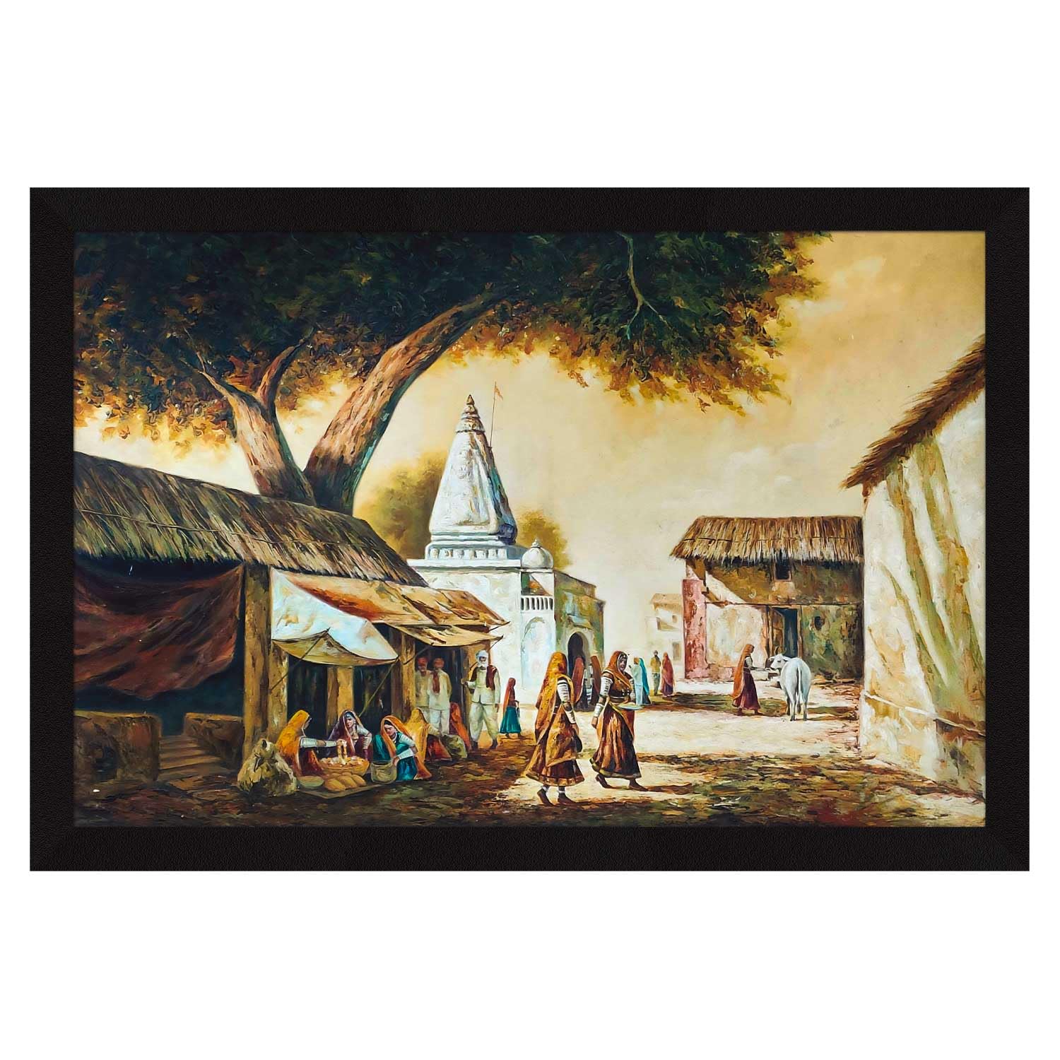 ArtX Paper Rajasthani Village Scene Framed Wall Art Painting, Wall decor for living room, Multicolor, Nature, 18 x 12 inches, Set of 1
