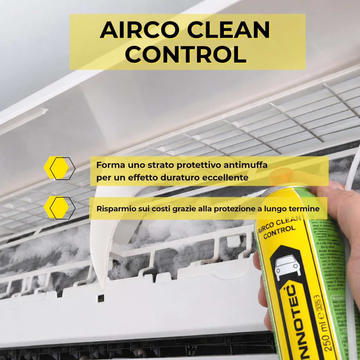 INNOTEC Airco Clean Control 250 ml – Detergente per condizionatori d'aria e vie d'aria – rimuove sporco, batteri e odori sgradevoli – ideale per auto, abitazioni e uffici – facile applicazione senza