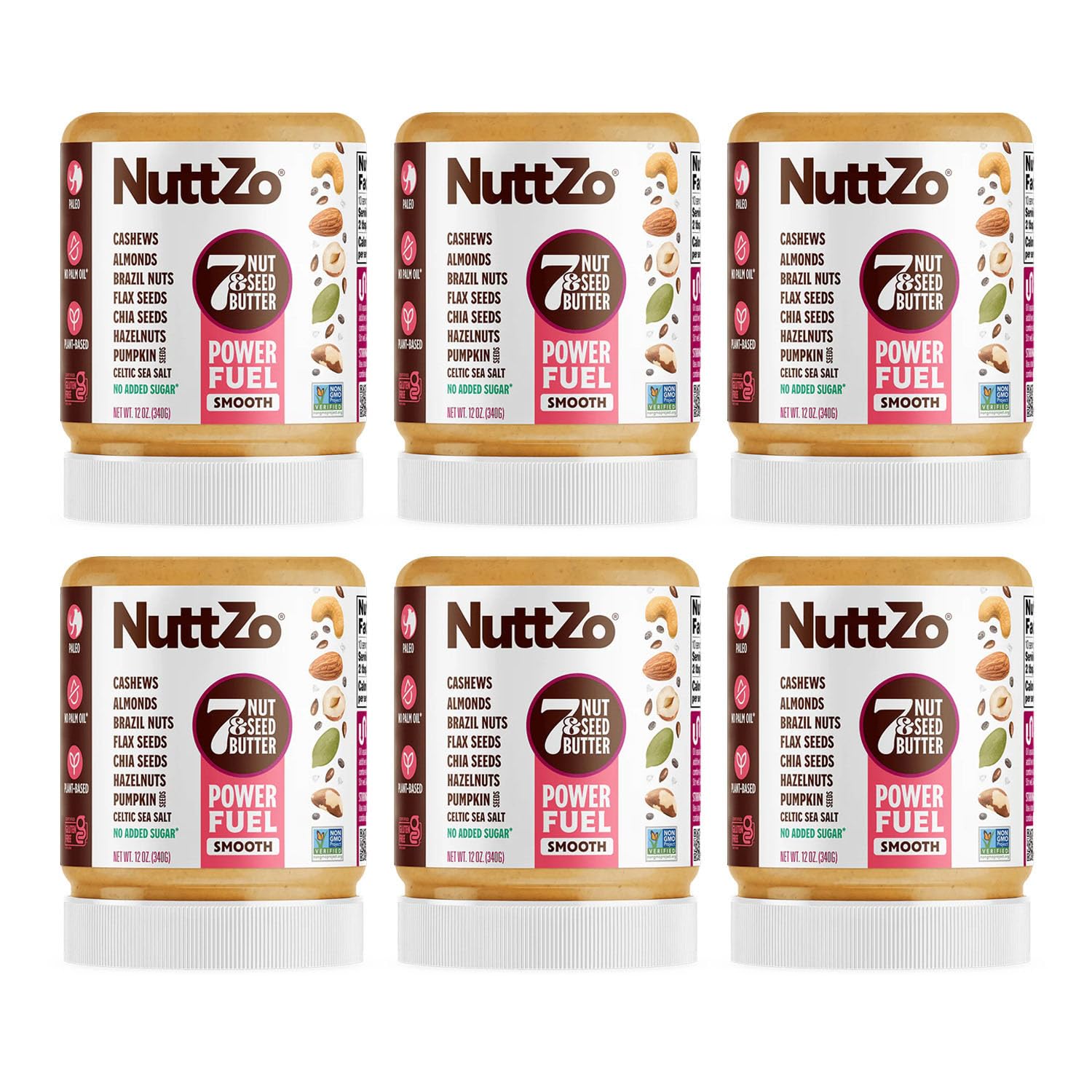 Natural Power Fuel Smooth Nut Butter | 7 Nuts & Seeds Blend, Paleo, Non-GMO, Gluten-Free, Vegan, Kosher | Peanut-Free, 1g Sugar, 6g Protein | 12oz Jar (Pack of 6)
