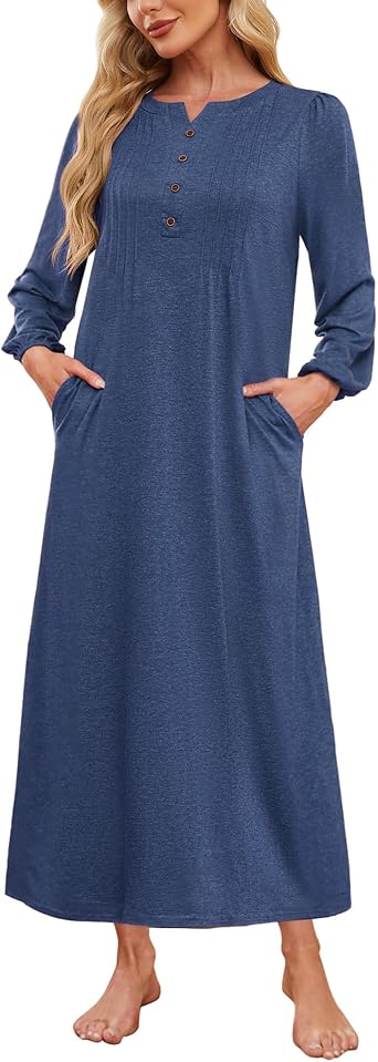Womens Cotton Long Sleeve Nightgowns Soft Ladies Sleep Shirts Button V Neck Full Length Night Shirts Sleepwear with Pockets