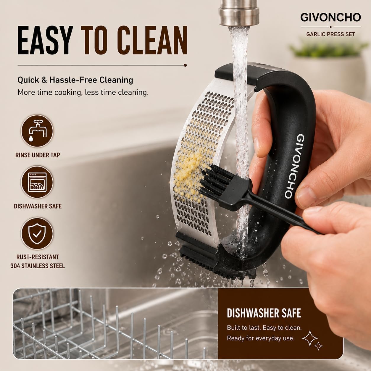 Garlic Press Rocker Set, Stainless Steel Garlic Crusher & Mincer with Silicone Peeler, Cleaning Brush & Scraper, Easy-to-Use Garlic Mincing Kitchen Tool