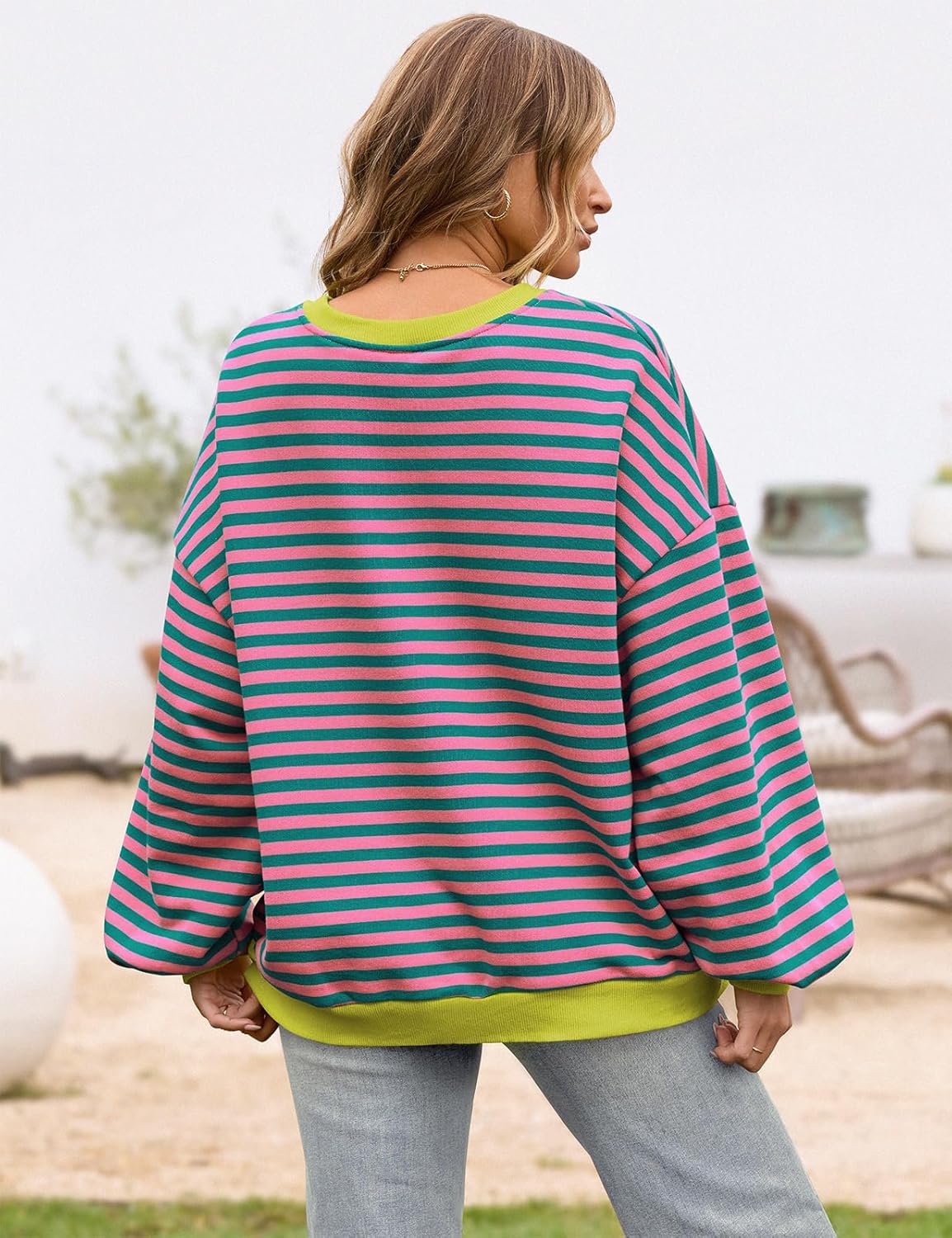 TARSE Oversized Crewneck Sweatshirt for Women Dropped Shoulders Striped Shirt Plain Pullover Ladies Loose Long Sleeve Tops - Image 3