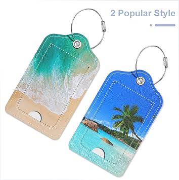 2 Pack PU Leather Luggage Tags for Suitcase, Travel Cruise Luggage Tag with Privacy Flap, Name ID Label and Metal Loop for Women Men Baggage Handbag School Bag Backpack, Beach