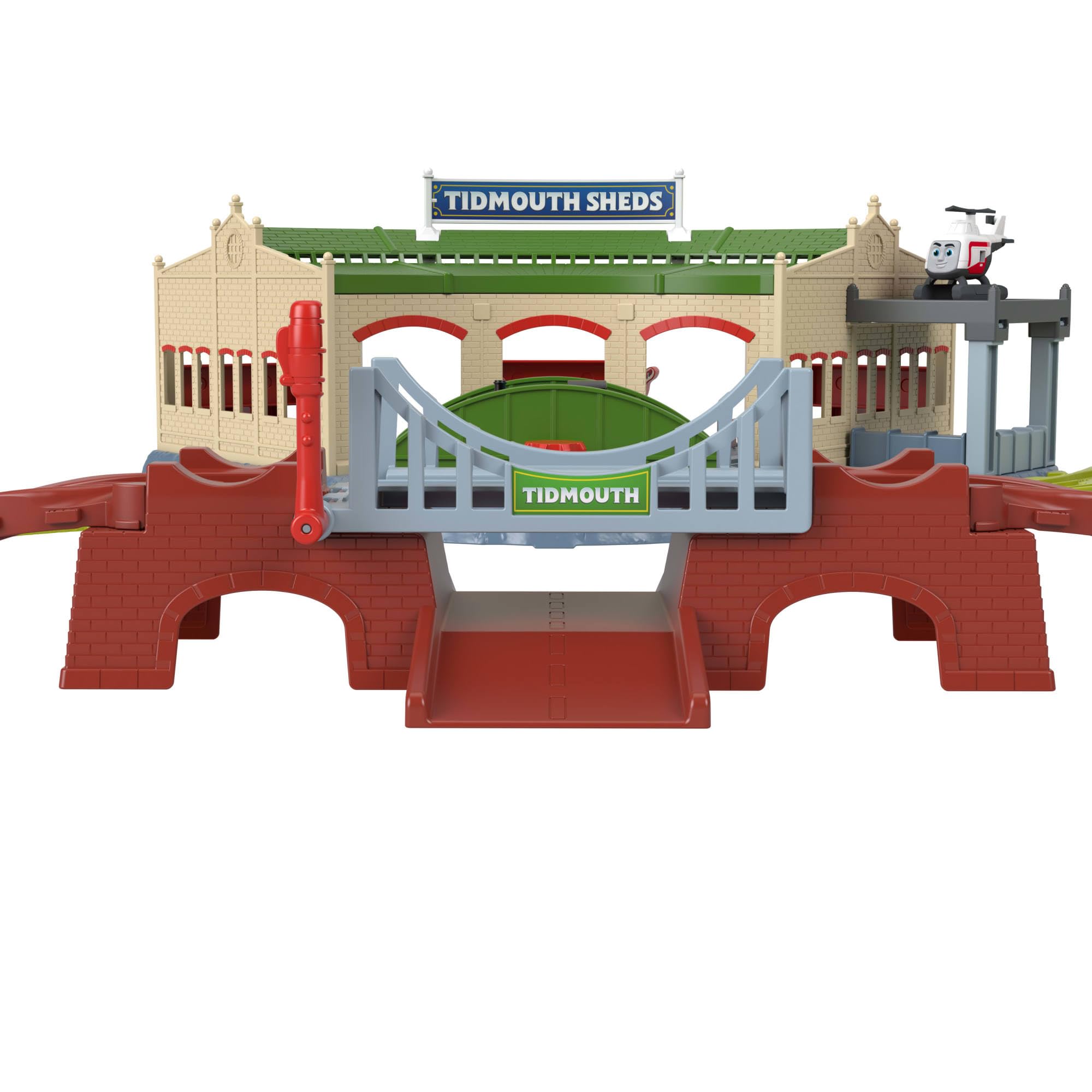 Fisher-Price Thomas y Sus Amigos Conjunto de Trenes de Juguete, Aventura en Las cocheras de Tidmouth con una Locomotora Thomas y Harold el helicóptero, Incluye Plataforma giratoria, JRW06