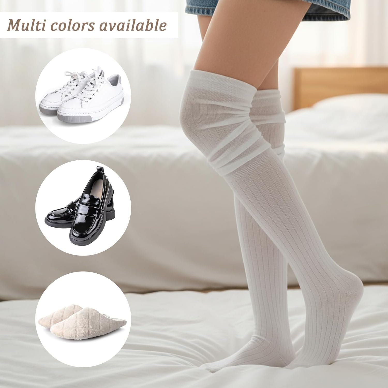Womens Thigh High Socks, Pure Cotton Over the Knee Socks, Long Knee High Boot Stockings for Women, Long Warm leg Warmers for Daily Wear, Cosplay Extra Longer Football Sock for Women(White) - Image 4