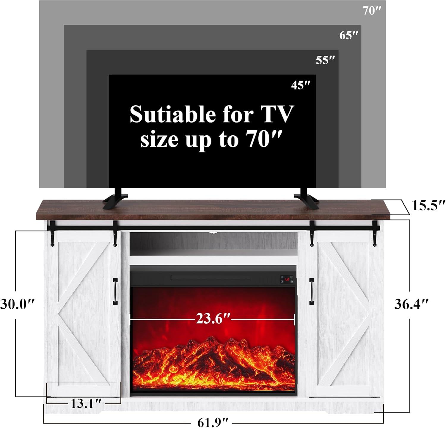Fireplace TV Stand for 65+ Inch TVs, Modern Farmhouse Media Console with Electric Fireplace, Storage Cabinet, Adjustable Shelves and Sliding Barn Doors for Living Room, White