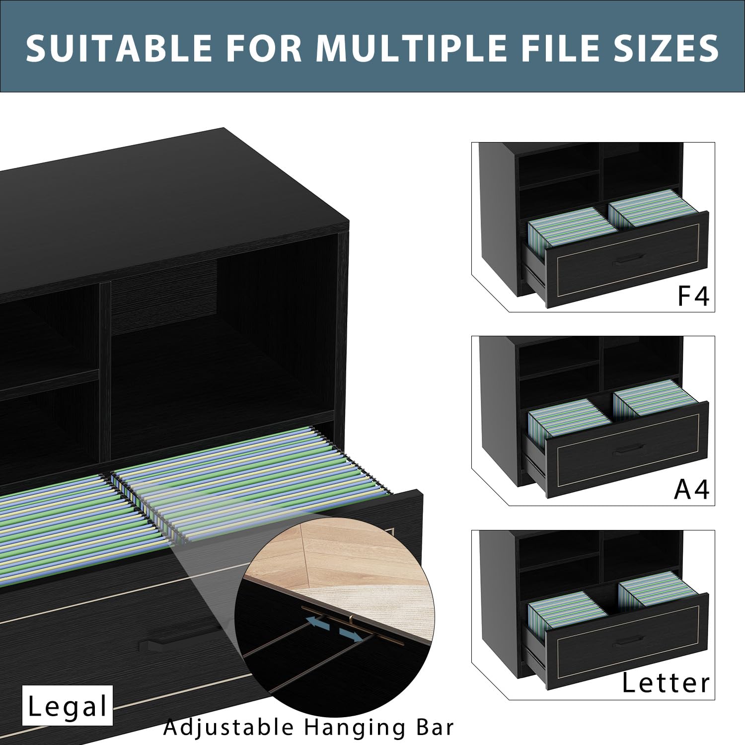 LVB Cassettiera in legno nero, 83 cm, con ripiano per stampante, per studio | Robusto telaio in legno con ripiano per stampante, molto spazio per lettere e documenti in formato A4