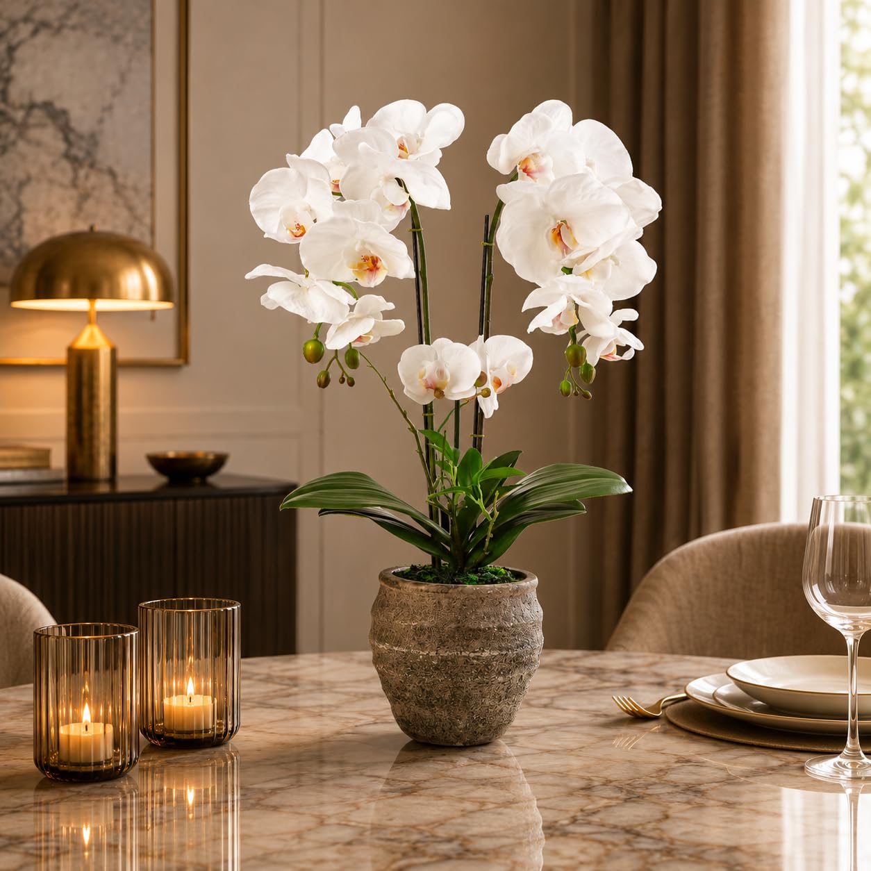 PASCH® Orchidées artificielles (60 cm) dans un pot cube en pierre fait à la main - Fleurs artificielles comme de vraies orchidées artificielles en pot - Fleurs artificielles en pot - Orchidée