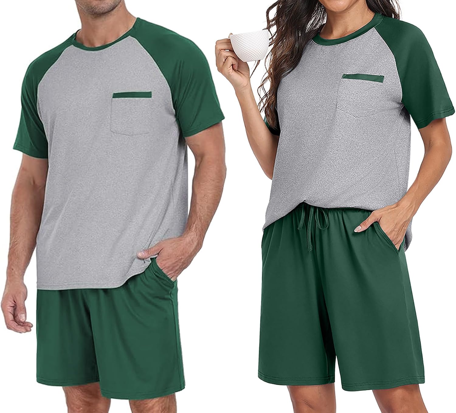 PrinStory Mens Pajama Sets Summer Pjs Sleepwear Nightwear Lightweight Quick Dry Soft Short Sleeve Sleep Set With Pocket S-4XL