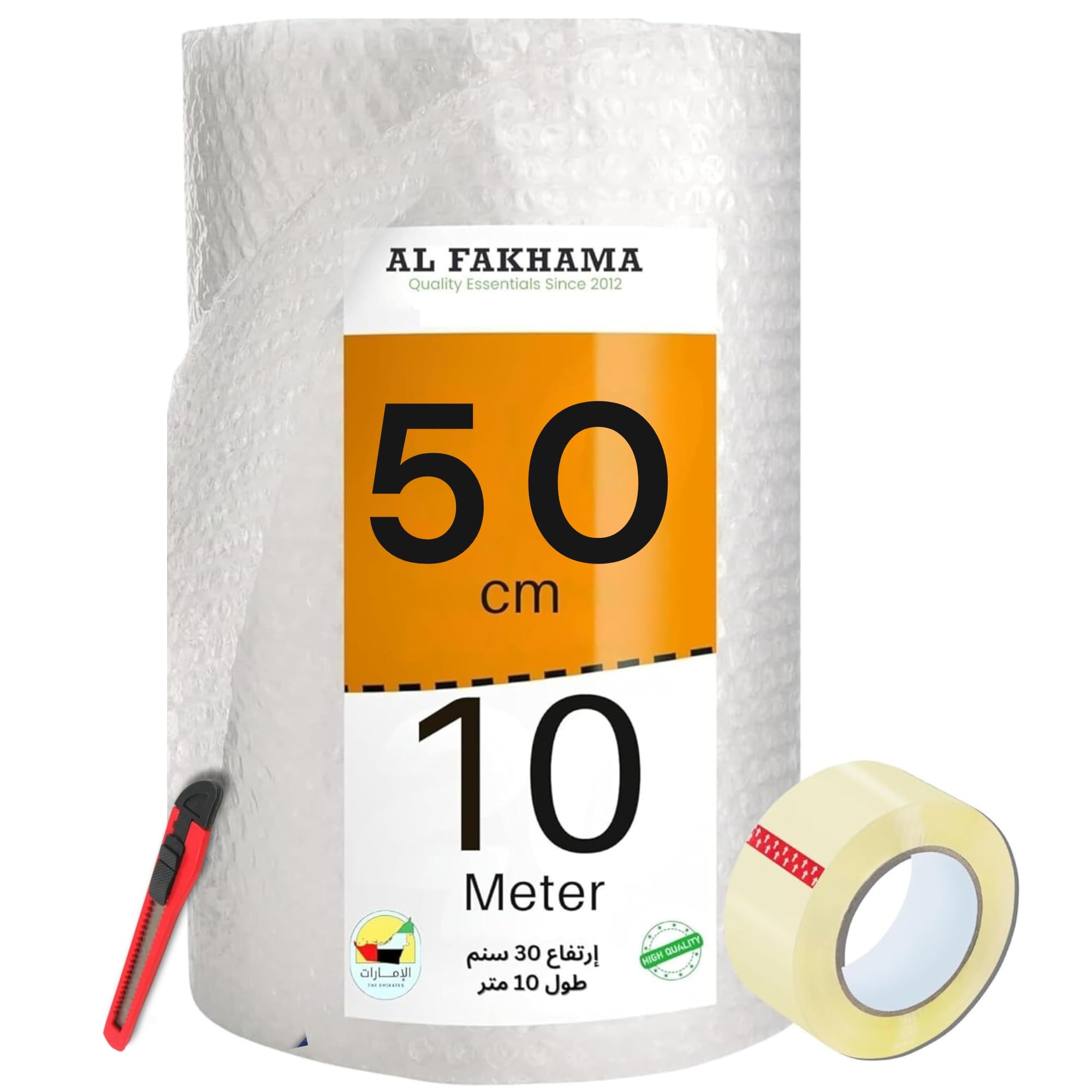 AL FAKHAMA Bubble Wrap Roll With Tape And Retractable Cutter, 50 CM X 10 Mts Air Bubble Cushioning Wrap for Packaging, Shipping, Mailing, Packing and Moving Supplies - 1 Roll With Retractable Cutter