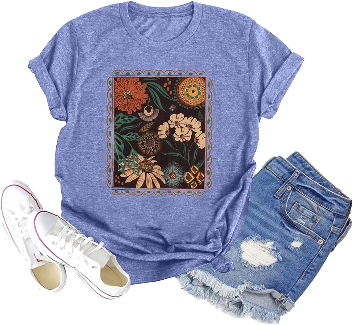 GEMLON Sunset Pine Tree Tshirt Women Camping Tshirt Retro Sun Print Graphic Tee Casual Short Sleeve Top