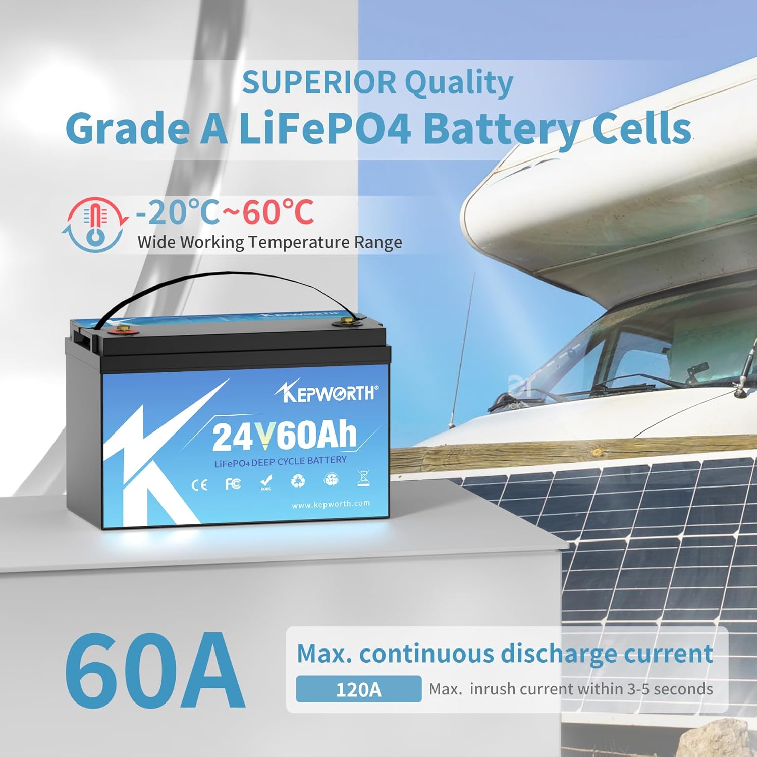 KEPWORTH 24V 60Ah LiFePO4 Battery, Rechargeable Lithium Batteries with BMS, UP to 4000+ Deep Cycles, Perfect for Boat, Marine, RV, Solar