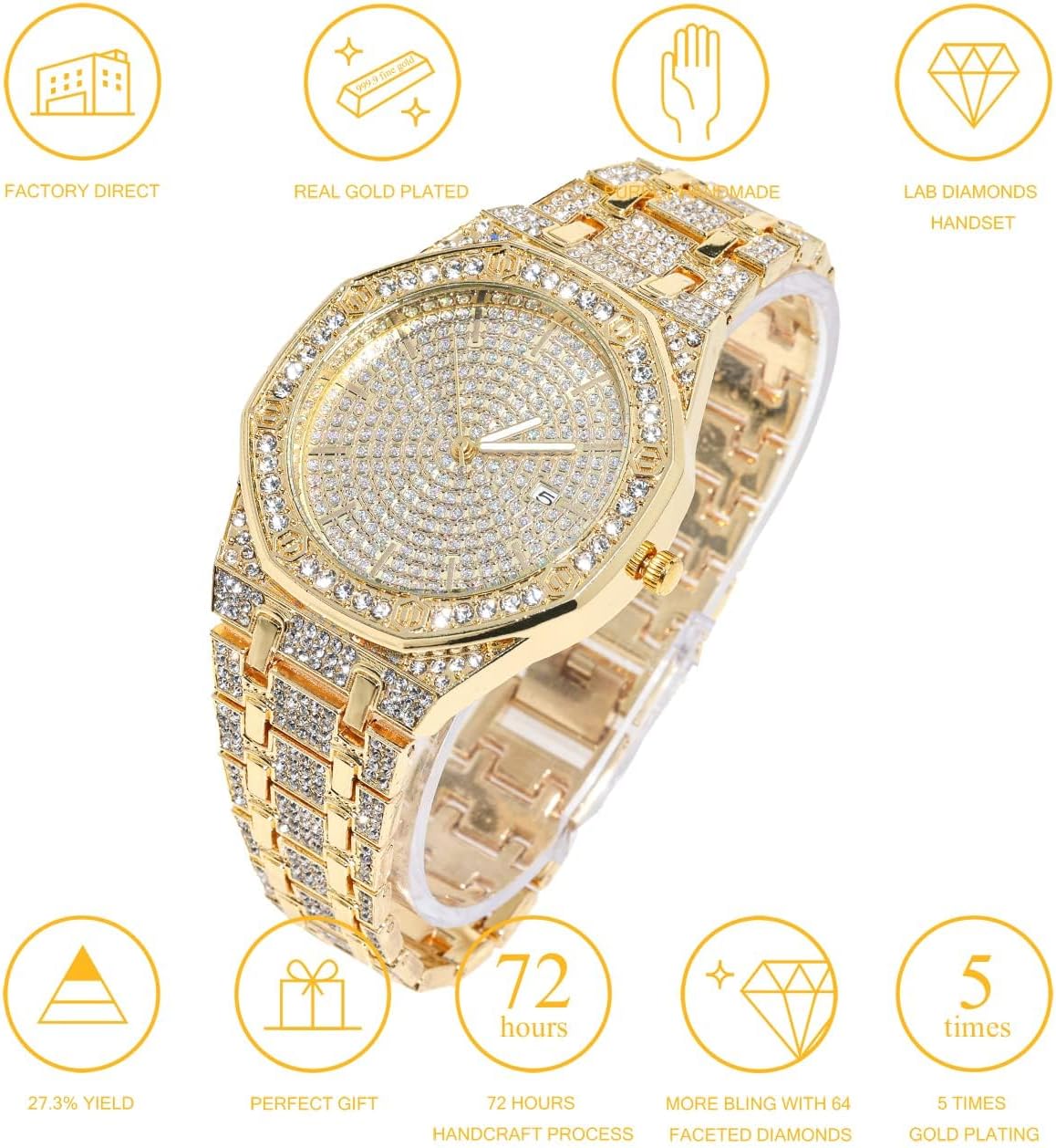 Halukakah Diamonds Gold Watch Iced Out,Men's 18K Real Gold/Platinum White Gold Plated 40MM Width Roman Numerals Dial Quartz Wristband 8.7" with Cuban Link Chain 8"+18" Necklace Bracelet,Free Giftbox