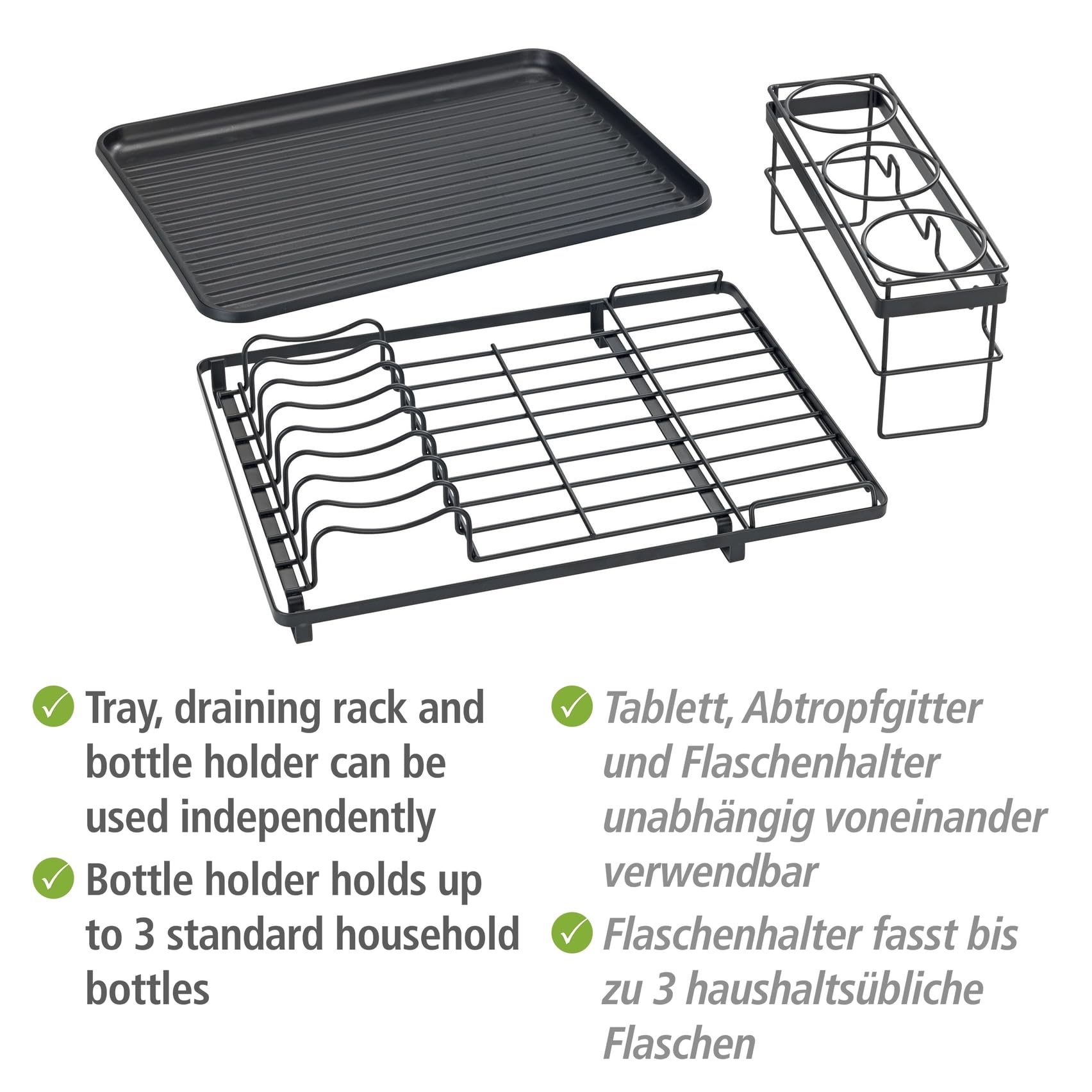 WENKO Amy Égouttoir à Vaisselle avec Porte-Bouteilles, pour évier, Composants Amovibles, Plateau en Plastique recyclé, Noir