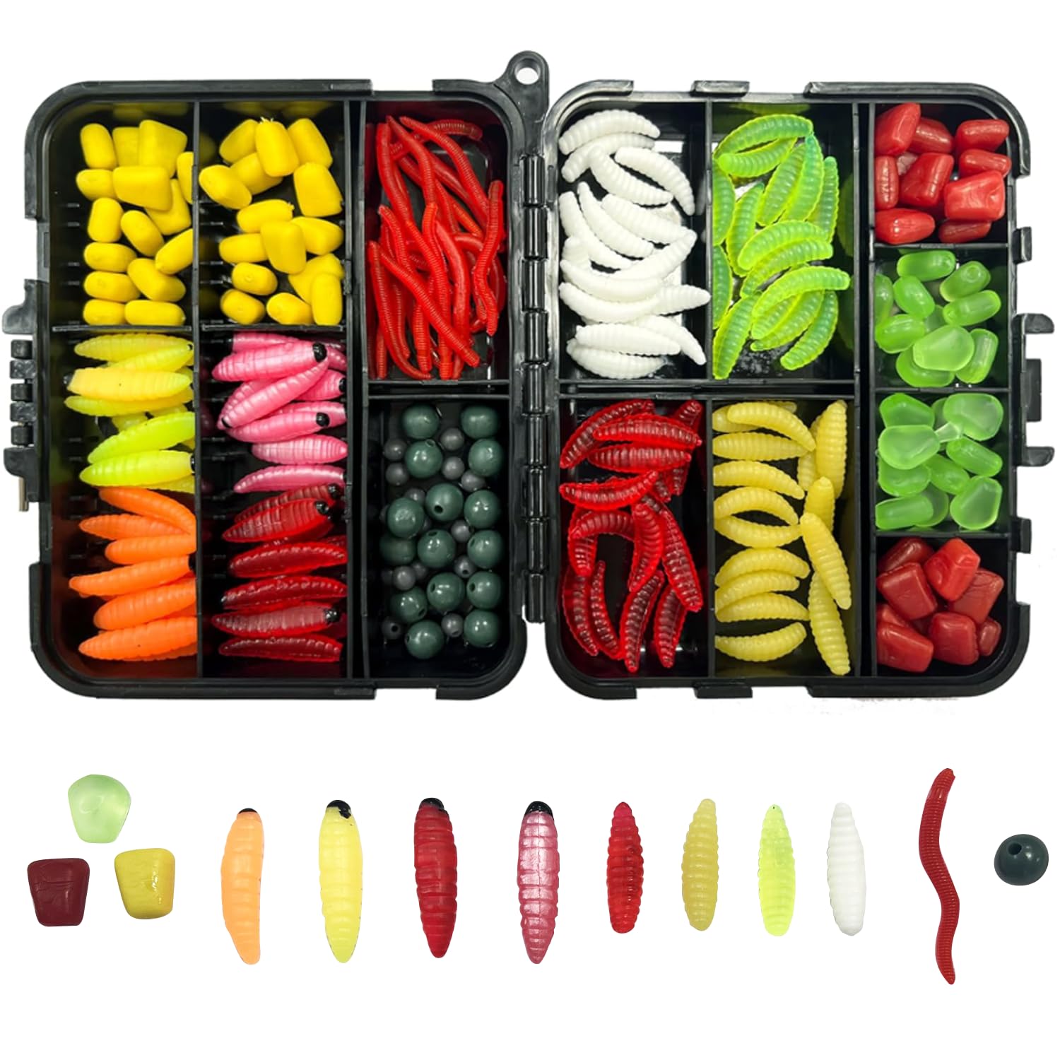 220PCS/Box Carp Fishing Tackle Box Artificial Plastic Fake Baits Sweetcorn/Beads/Worm Lures Imitation Baits Carp Fishing Gear Kit