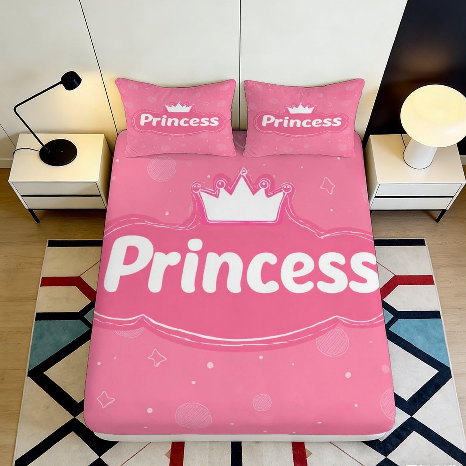 3D Printed Princess Crown Fitted Sheet Microfiber Pink Bed Cover for Bedroom Guest Room Dorm Mattress Protection Decor 90x200x25cm