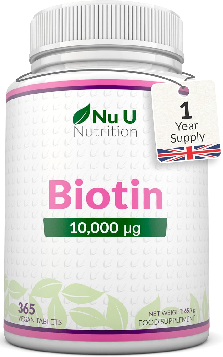 Biotin 10,000mcg – 365 Vegan Micro Tablets – 1 Year Supply – Hair, Skin & Nails Growth Supplement for Women & Men – Made in The UK – Nu U Nutrition