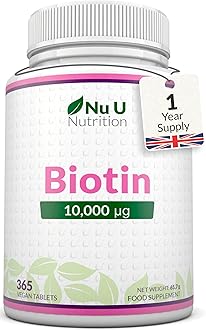 Biotin 10,000mcg - 365 Vegan Micro Tablets - 1 Year Supply - Hair, Skin & Nails Growth Supplement for Women & Men - Made in The UK - Nu U Nutrition