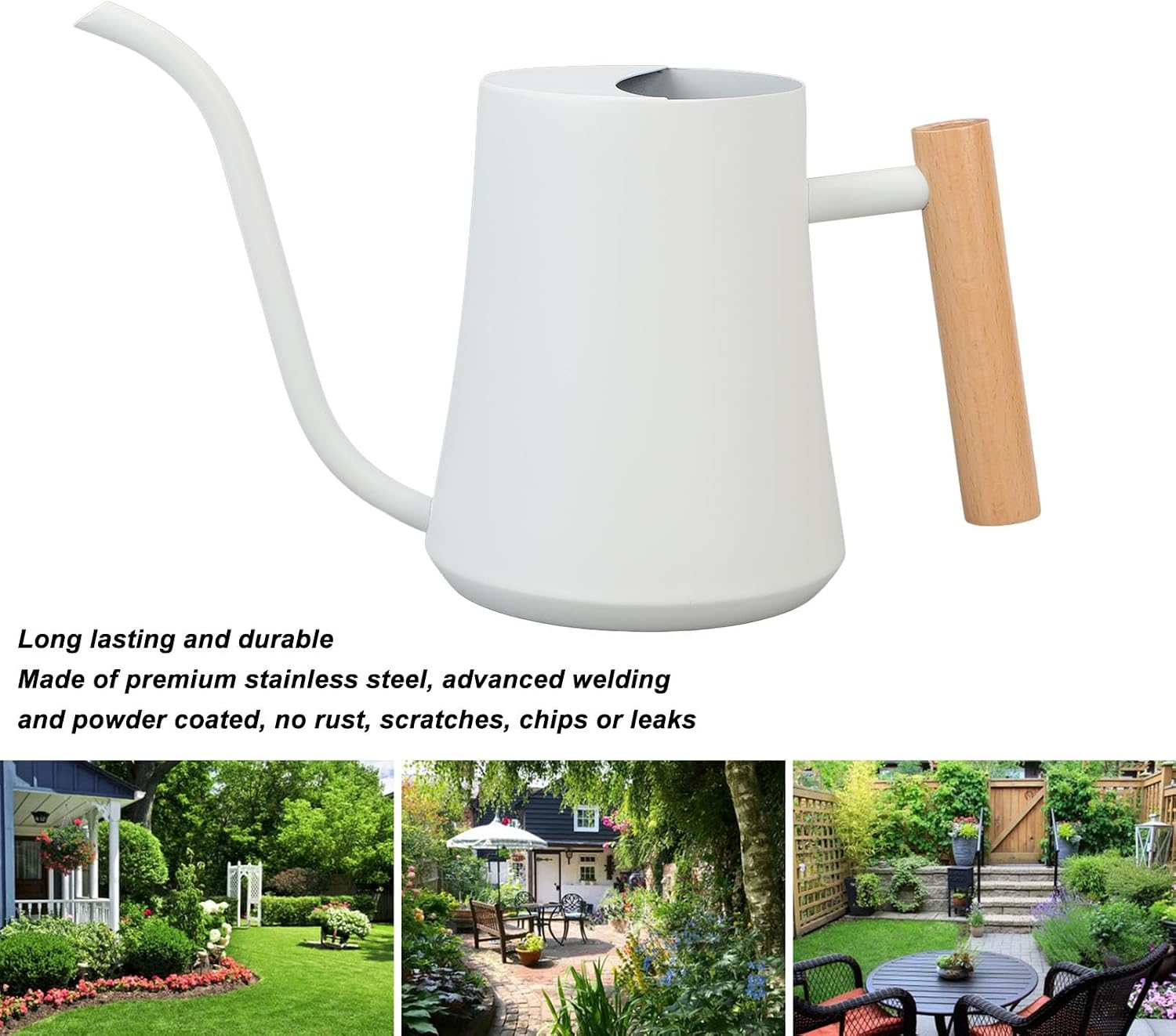 Indoor Watering Can, Stainless Steel Watering Pot Leakage Proof 1L Wooden Handle Rustproof Fine Crafted for Succulents for Flowers (Matte White)
