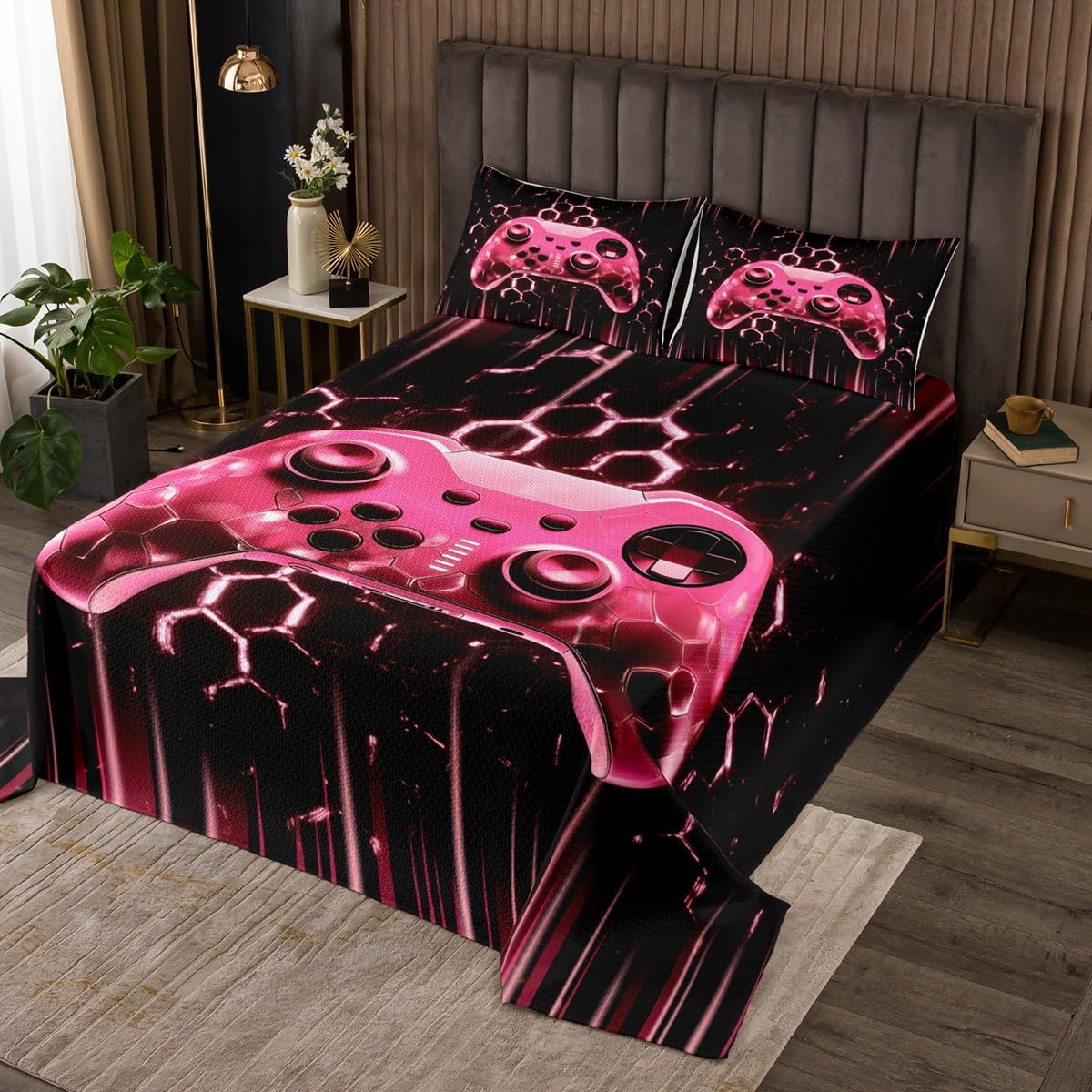 Castle Fairy Geometric Gamepad Bedspread Twin Size Bedding for Kids Teens Bedroom Modern Gamer Decor Coverlet Set Pink Honeycomb Gaming Quilt Set for All Season,2 Pcs with 1 Pillowcase