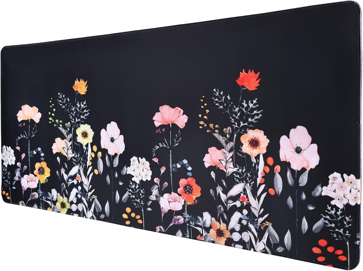 Mouse Pad, Rectangle Mousepads with Stitched Edge, Computer Mice Pad Waterproof Mouse Mat for Home Office Gaming Working Learning, Smooth Lycra Cloth, Non-Slip Rubber Base, 35.4x15.7 in, Flower Black