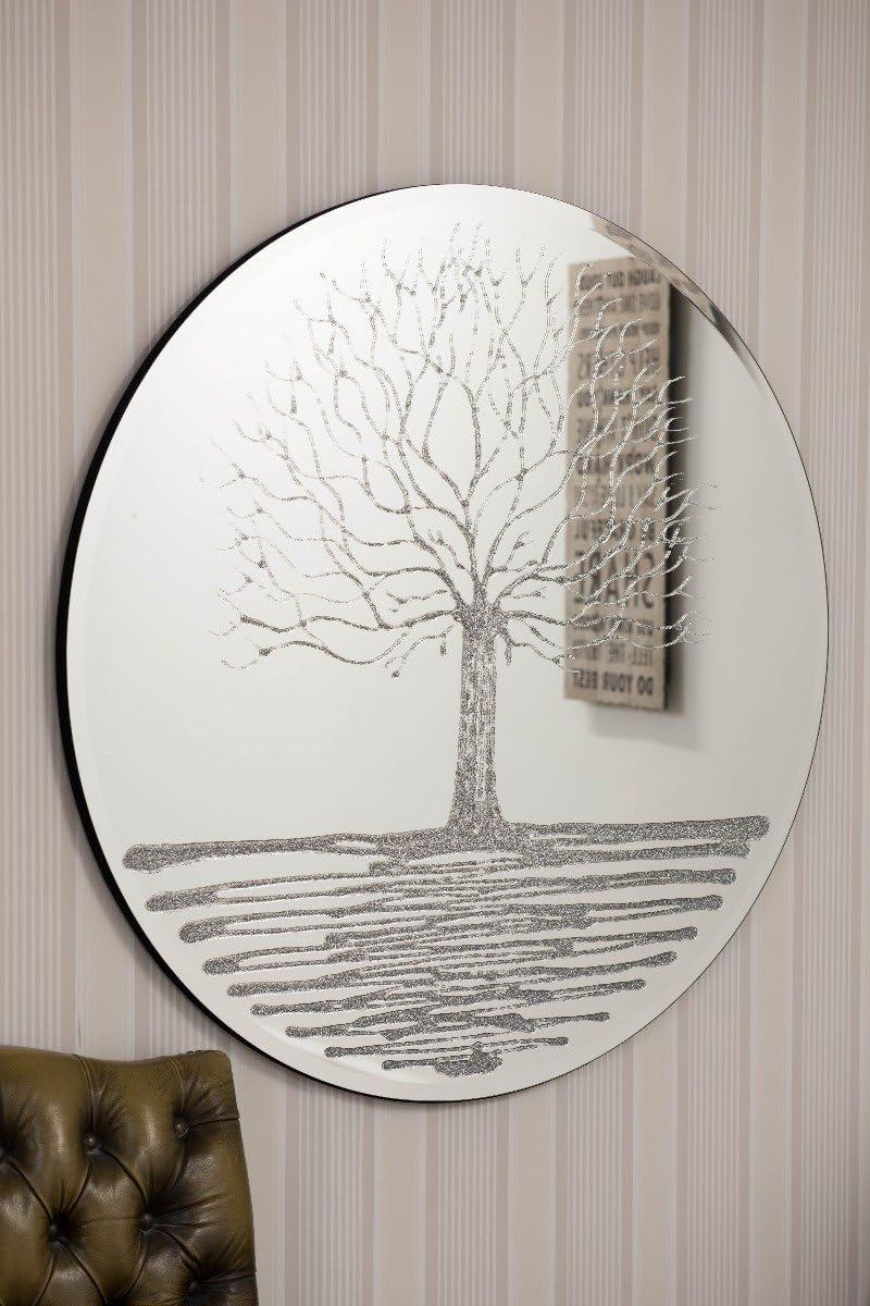 Large Frameless Round Wall Mirror Liquid Glass Glitter Tree