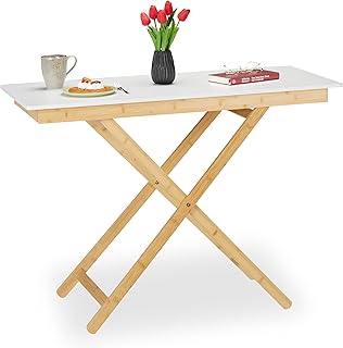 Relaxdays Mesa Plegable Altura Ajustable, Bambú y MDF, Mesita Auxiliar, Salón, Balcón, 70 x 105 x 50 cm, Natural/Blanco