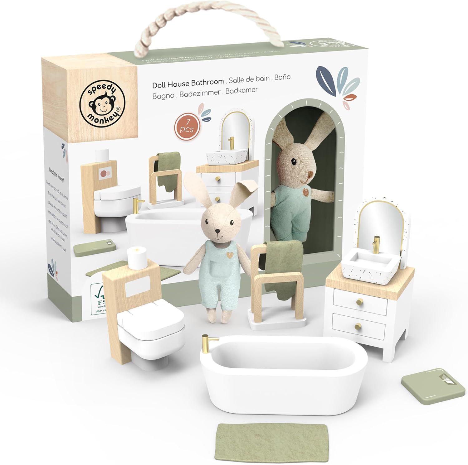 SPEEDY MONKEY Flowers Cottage Wooden Playset with Starter & Doll House Bathroom Set with Bunny – Miniature Wooden Dollhouse Furniture with Bathtub, Sink, Toilet & Mirror | Pretend Play Gift for Kids