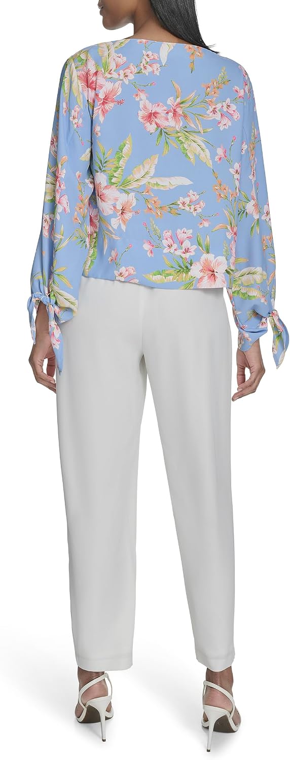 Halston Women's Long Tie Sleeve Floral Printed Boat Neck Blouse