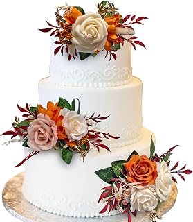 CherishedMoments 3Pcs Cake Topper Set, Artificial Flowers Decor Red Orange Cake Topper Decorations for Ceremony, Anniversary, Fall Vintage Wedding
