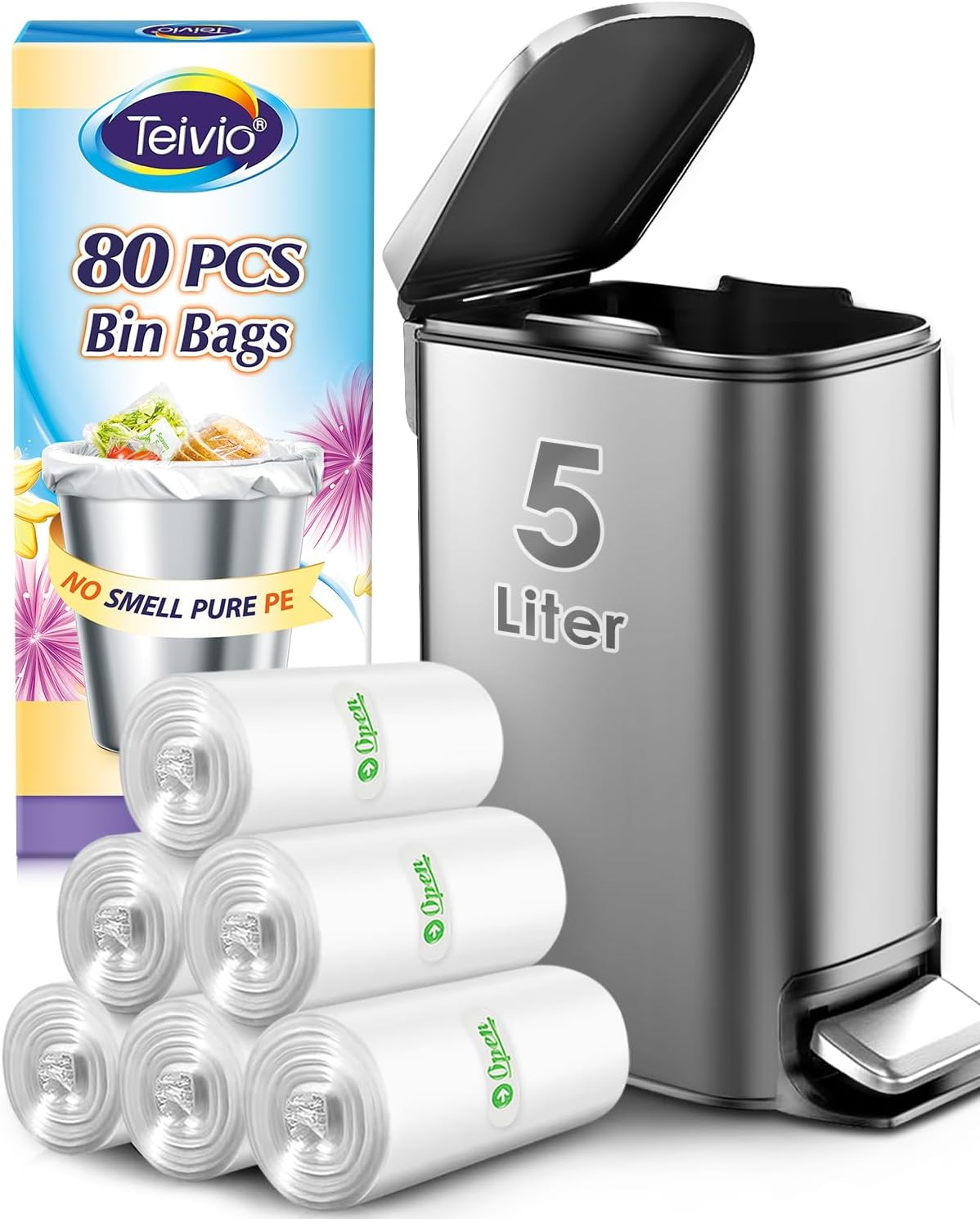 1.2 Gallon 80 Counts Strong Trash Bags Garbage Bags, Bathroom Trash Can Bin Liners, Small Plastic Bags for home office kitchen, fit 5-6 Liter, 0.8-1.6 and 1-1.5 Gal, Clear