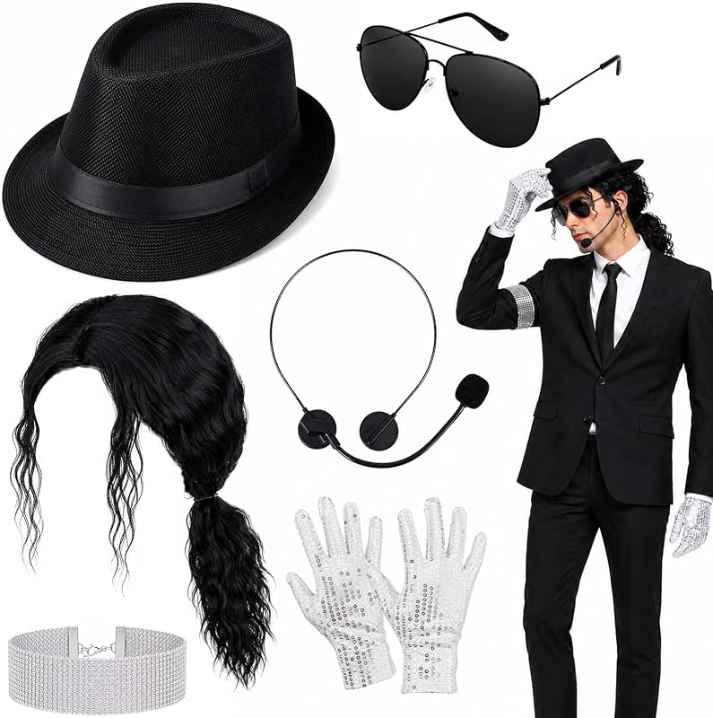 6 Piezas Accesorios de Disfraz de Estrella del Pop para Adultos Traje de Superestrella del Rock de los 80 y 90 con Sombrero Fedora Negro Peluca Guantes de Lentejuelas lentes de sol Auriculares Micrófono Brazalete para Fiesta de Halloween Disfraces