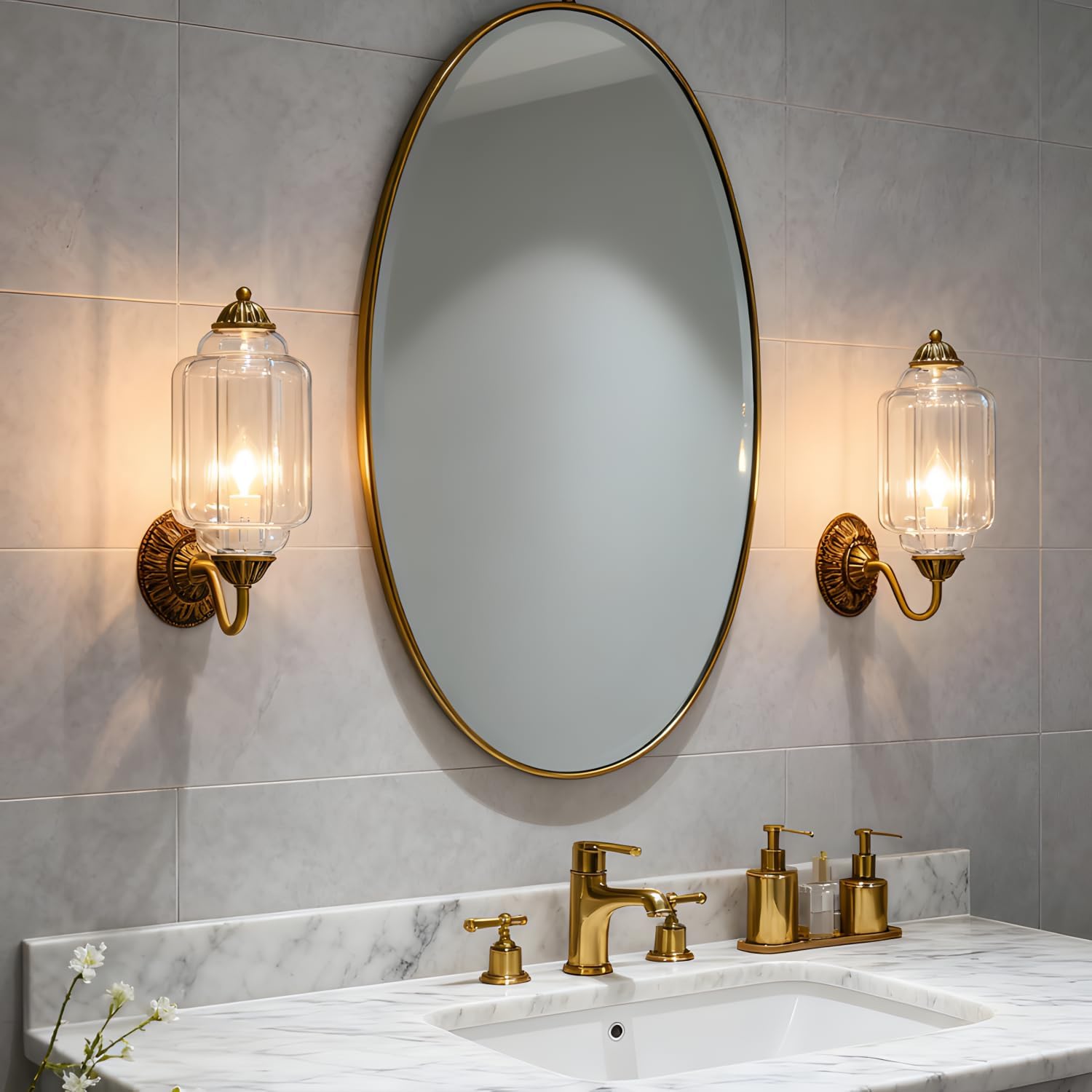 Bofea-Antique Brass Wall Sconces with Hand Blown Clear Glass Shade,Farmhouse Gold Candle Sconces,Modern Vintage Bathroom Vanity Light Fixtures,Indoor Decor Wall Light for Hallway Bedroom Stairway