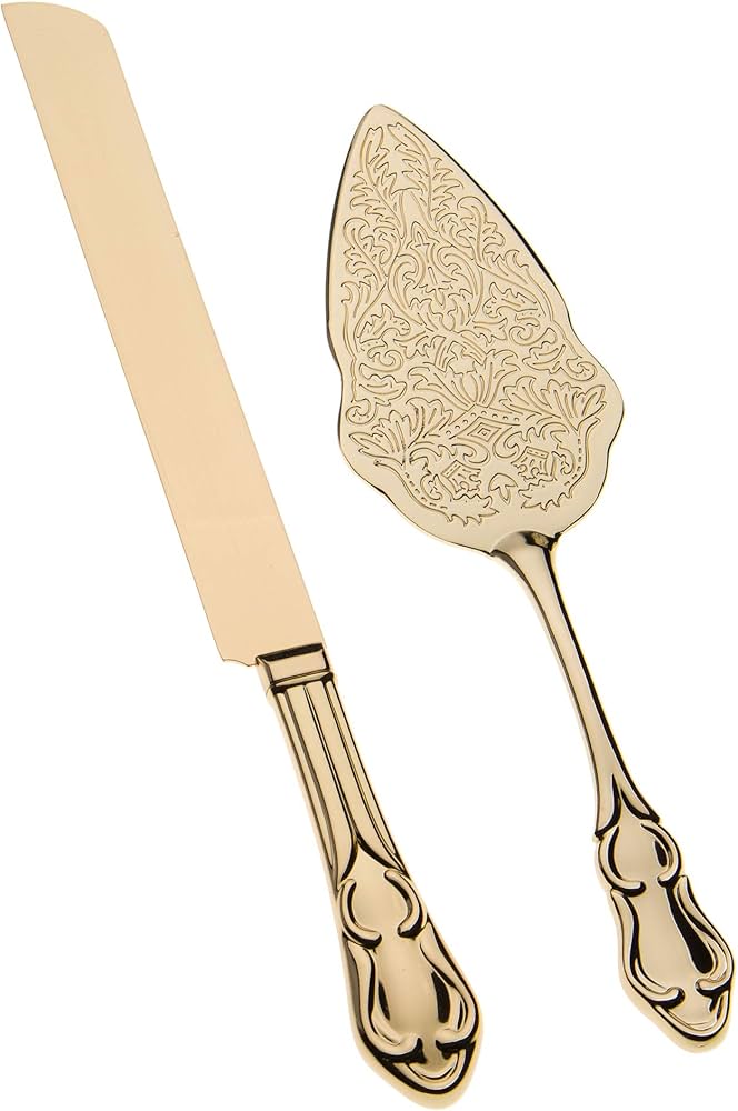 Ella Celebration Cake Knife & Server Set, Wedding, Anniversary, Vintage Party Supplies Dessert Gift Set (Elegant Light Gold)