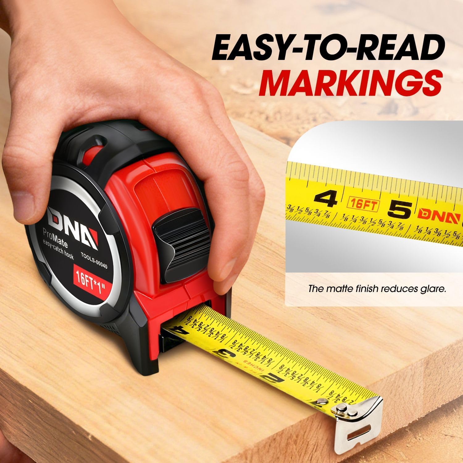 DNA Motoring TOOLS-00040 Heavy Duty Steel Blade Imperial Measuring Tape - 16 ft. Tape Reel with 1/8 inch Graduations, Push Button Lock